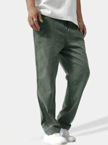 Manfinity Homme Quần ống đứng lưng rút dây màu trơn rộng rãi cho nam, mùa thu - Màu xám đen - Xem 3