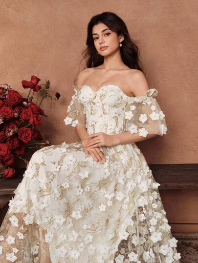 Anewsta Savoree Vestido elegante y romántico para invitada de boda, vestido de hada, con bordado floral 3D, cintura ceñida, hombros descubiertos y volantes en el bajo, para mujer en color beige