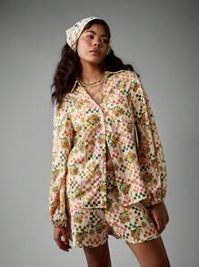 AiiRZ Áo cánh tay blouson in họa tiết ô vuông hoa cài nút mùa hè cotton họa tiết cam chanh lễ hội áo crop top bãi biển kỳ nghỉ nghỉ dưỡng mặc ngày lễ mùa xuân - Nhiều màu - Xem 3