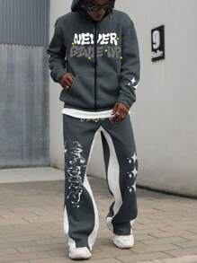 PAVTROS 时尚男士字母印花连帽衫和裤子套装，采用柔软针织面料，男士两件套，男士连帽衫套装，男士街头服饰套装，男士慢跑裤套装