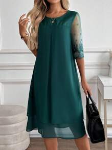 Miaspire 女士优雅通勤刺绣网眼拼布中长连衣裙