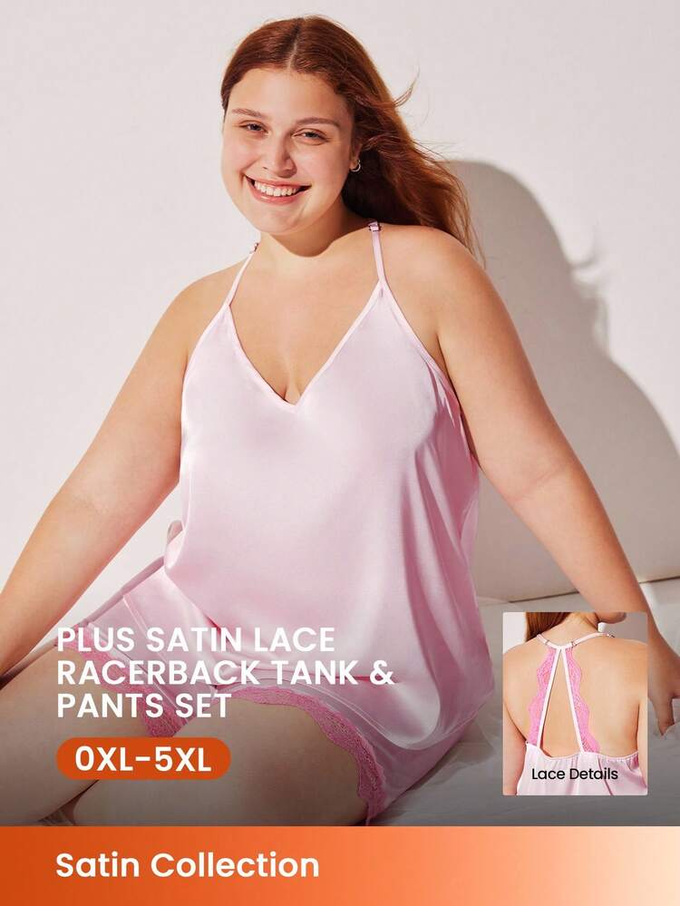 Plus Silky Satin Lace Trim Tie-Front Loungewear Pajama Robe