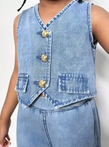 少女休闲水洗牛仔背心和牛仔裤两件套 - 中等水洗藍 - 查看 6