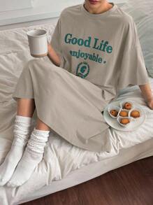Dazy Plus Plus Size Round Neck Letter Print Loose Straight Nightgown Style Long Tee, For Home Use In Summer Pajama - Apricot - View 8