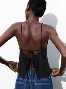 Maija 2025新款可调节系带蝴蝶结背心，优雅派对、办公、通勤皆宜，春夏秋冬百搭。 - 黑色 - 查看 1