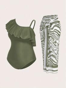 Swim Oasis 2pcs Plus Size Women Ruffled Collar Random Print One-Piece Swimsuit With Matching Skirt Coverup - Olive Green - View 4
