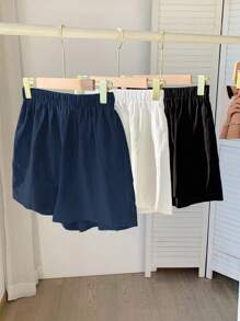 Comfortcana 3pcs/Set Plus Size Summer Casual Solid Color Shorts - Navy Blue - View 2