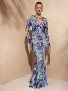 Hauture 女士棕色豹纹扭纹上衣、长袖和鱼尾长裙 - 青碧色 - 查看 1