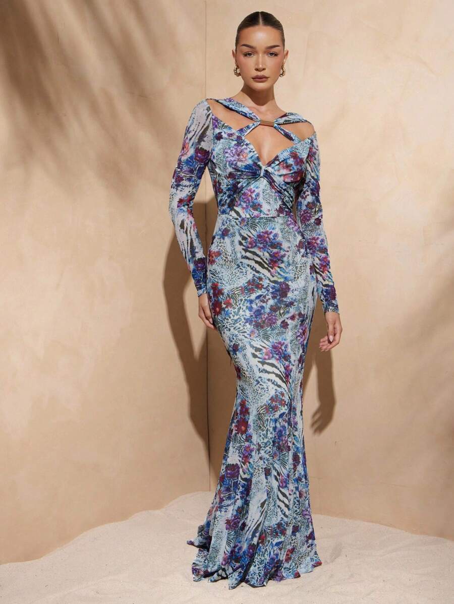 Hauture 女士棕色豹纹扭纹上衣、长袖和鱼尾长裙 - 青碧色 - 查看 1