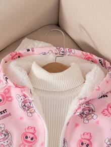 SHEIN Elladie kids 1 件年轻女孩可爱卡通印花粉色连帽运动衫，松紧腰带，保暖衬里，时尚简约设计，适合秋冬 - 粉色 - 查看 7