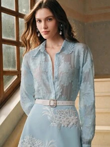 Anewsta Áo cánh tay dài hở vai, cổ khoét sâu, đính ren pha lê Jacquard có họa tiết - Màu xanh lam - Xem 6
