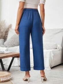 SHEIN Pantalones holgados de cintura elástica de unicolor para uso diario, casuales y a juego para mujeres embarazadas - Azul - Ver 2