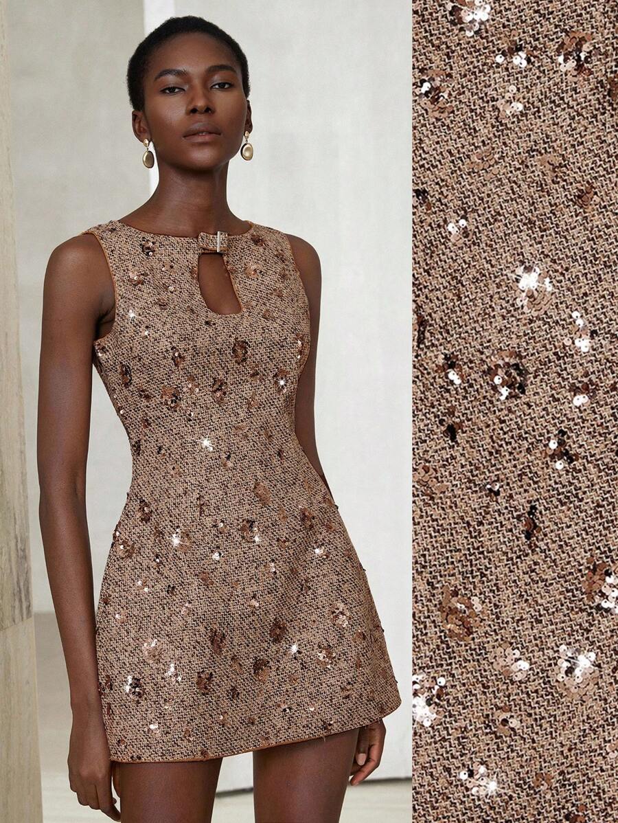 Aveloria Modichic Brown Mixed Tweed Fabric With Sequins Decor Design, Hollow Lapel, Button Embellished Minimalist High-End Style Elegant Waisted Office Commute Versatile Mini Dress For Women