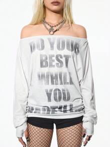 StreetHx 女士露肩英伦印花长袖宽松T恤 - 白色 - 查看 5