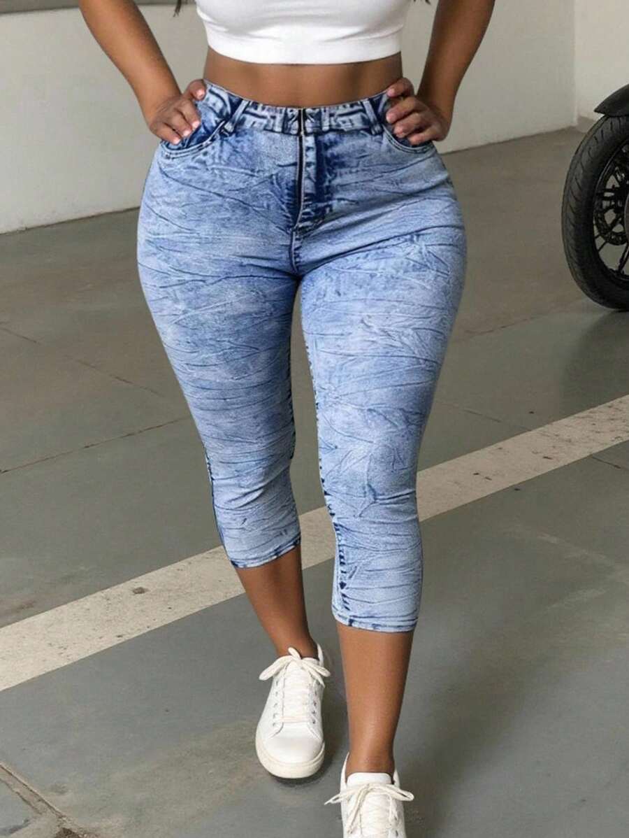 INAWLY 大码女式牛仔印花休闲七分紧身裤