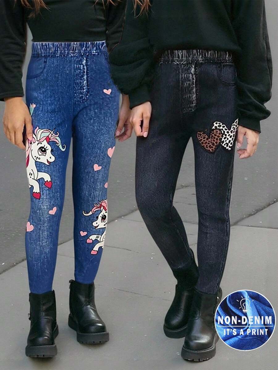 2pcs/Set Girls Minimalist & Comfortable Pants, Unicorn Print + Leopard Heart Pattern, Soft Skin-Friendly Fabric, Stylish Street Fashion Back To School Clothes Travel Clothes Summer Fall Clothes Unicorn Jeans For Girls Girls Jeans Print Printed Jeans For Girls Jeans For Tweens
