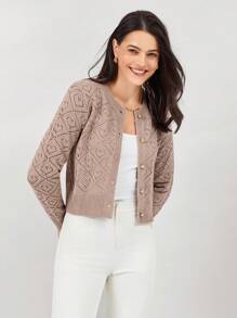 Miaspire 春秋休闲短款镂空开衫秋季毛衣秋季女士毛衣开衫毛衣长袖上衣 - 卡其色 - 查看 1