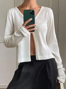 Livesso Cardigan feminino de malha com decote em V, manga comprida, cor sólida, casual, para férias, roupas femininas de outono - Branco - Ver 4