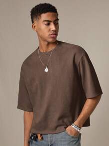 SWAVVY Áo thun nam tay ngắn dệt kim thường ngày trẻ trung, rộng rãi, thêu số - màu nâu - Xem 2