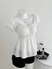 Elamini Women's Comfortable Square Neck Polka Dot Print Short Sleeve Blouse