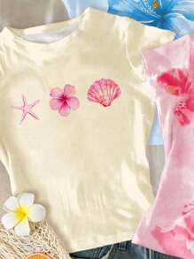 SHEIN 少女休闲度假三件套热带芙蓉花、鸡蛋花、海滩印花紧身休闲舒适圆领长袖T恤，少女夏季款，奶油黄、亮粉、天蓝色可爱沙滩衬衫，适合少女、女童、夏季夏威夷风情童装，适合学校、校园、大学穿着。 - 彩色 - 查看 3