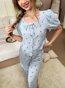 CottageSlumber Charming Gingham Print Women Pajama Set With Half Sleeves Made For Comfort And Style - Multicolor - View 1