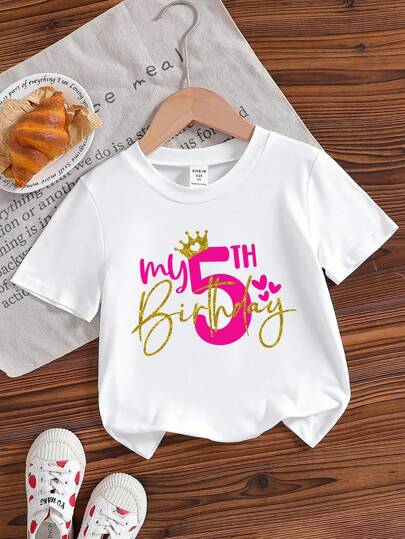 GraphicGems Young Girl 'My 5th Birthday' Crown Printed Round Neck Short Sleeve White T-Shirt, Suitable For Birthday Party