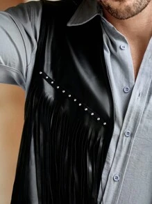 HIMLAND Men's Casual PU Leather Sleeveless Fringed Solid Color Western-Style Vest, Country Concert Cowboy Vest, Grunge - Black - View 7