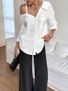 Siren Gaze 女装春秋纯色白色不对称领落肩宽松休闲衬衫春夏新款时尚街头风格休闲不对称肩衬衫 - 白色 - 查看 4