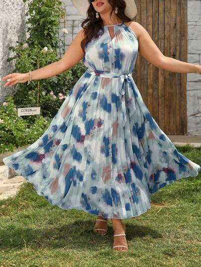 Breezaya Midi-Kleid für Damen in Große Größen, leger, mit Falten, Batik-Effekt, ärmellos