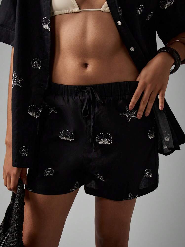 Shell Print Shirt And Shorts Set With Starfish Pattern