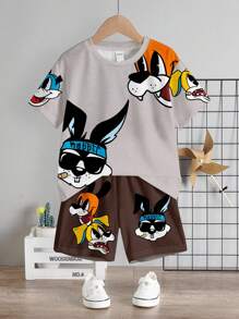 SHEIN 2pcs Young Boy Casual Cartoon Rabbit Graphic Round Neck Short Sleeve Shorts Set, Suitable For Summer - Multicolor - View 3