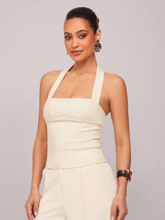 Silquee Damen einfarbiges, eng anliegendes Trägertop mit Stehkragen