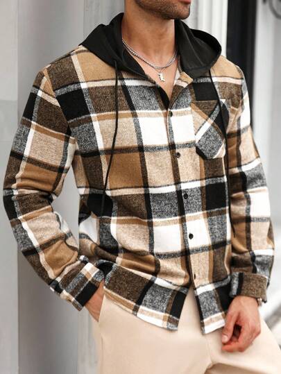 Manfinity Homme Plus Size Men's Loose Plaid Print Hooded Drawstring Shacket, Men Plaid Jacket, Brown Flannel Men, Mens Checkered Flannel, Mens Fall Shirts, Men Winter Shirts