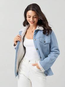 Miaspire Drop Shoulder Teddy Lined Long Sleeve Zip Up Red PU Leather Barn Jacket For Winter - Dusty Blue - View 5