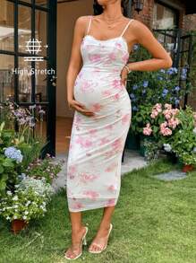 SHEIN 孕妇优雅花卉印花无袖紧身连衣裙 - 粉色 - 查看 8