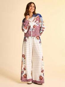 CAJUNI 女式波西米亚风花卉、植物和鸟类印花高领长袖拉链轻便度假夹克，秋冬 - 彩色 - 查看 6