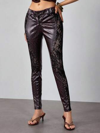 J-Fashion Leggings attillati da donna in pelle PU e pizzo a contrasto con stampa leopardata in stile vintage Y2K