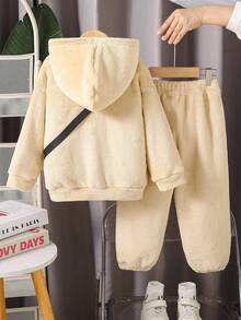 Young Boy极简卡其色毛绒长袖连帽衫和裤子两件套 - 彩色 - 查看 2