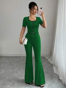 Elenzga 2 件套女式纽扣衬衫上衣和裤子套装，休闲通勤优雅装 - 綠色 - 查看 4