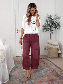 EMERY ROSE 女士休闲水洗复古灯笼裤牛仔裤女休闲裤松紧腰裤女式口袋灯笼裤七分裤 - 紅色 - 查看 4