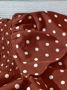 EMERY ROSE Plus Size Women's Polka Dot Ruched Double Layer Sleeve Casual Everyday Blouse - Brown - View 4