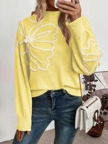SHEIN Clasi Áo len dệt kim cổ tròn vai rộng họa tiết hoa jacquard dành cho nữ mùa thu đông - Nhiều màu - Xem 6