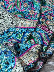 Linhara 女式加大码圆领大花双褶边宽松衬衫 - 藍色 - 查看 3