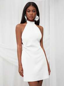 NYA SZN Spring Mock Neck Halter Fitted Festival Summer Mini Dress Gyaru Vacation Graduation Old Money Wedding Guest Special Occasion For Bridal Dinner Prom - White - View 7