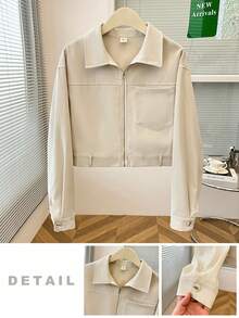 SHEIN Teen Girls' Casual Apricot Pocket Zip Up Collar Biker Jacket, Fashion Outerwear Autumn Winter Clothes FoGirlen - Apricot - View 3