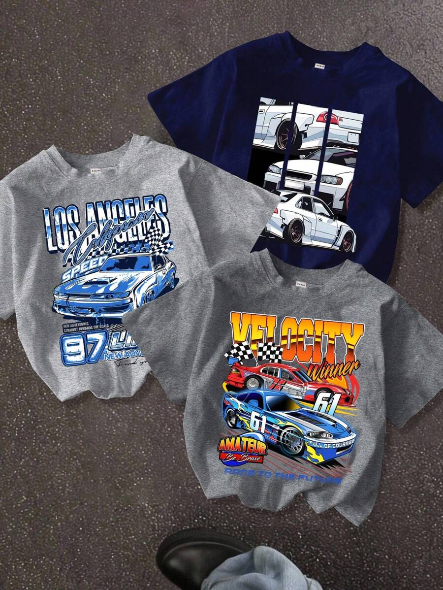 SHEIN 3pcs/Set Teen Boys Casual Costume Tween Street Sporty Collegiate Print Graphic Round Neck Short Sleeve T-Shirts Outfit, Multi Color, Spring/Summer/Autumn - Multicolor - View 1