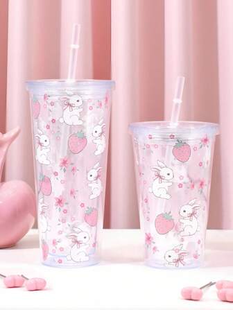 Kawaii 1pc Cold Drink Juice Cup,450ml Or 600ml Transparent With Flat Lid, Double-Layer Straw Cup, Juice Cup With Straw, Transparent Bow Pattern Cup, Kawaii Style