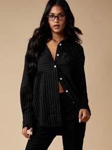 MISSGUIDED 专业细条纹纽扣衬衫长袖翻领办公室工作上衣商务休闲秋冬超大衬衫常规版型黑色 - 黑與白 - 查看 1