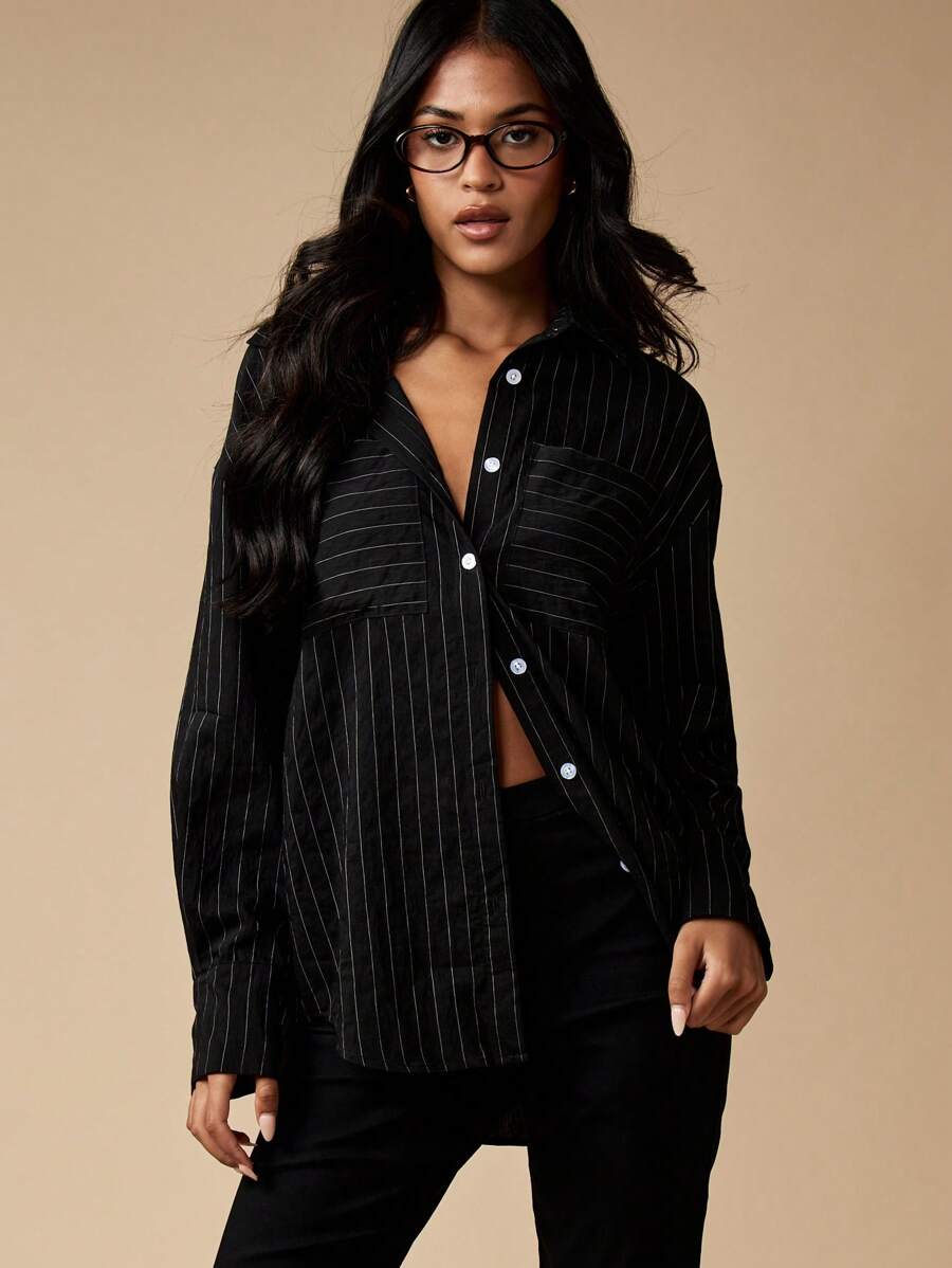MISSGUIDED 专业细条纹纽扣衬衫长袖翻领办公室工作上衣商务休闲秋冬超大衬衫常规版型黑色 - 黑與白 - 查看 1